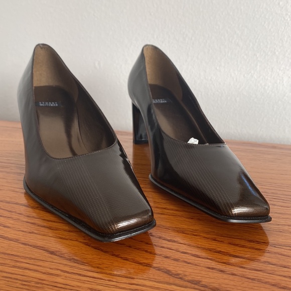 Stuart Weitzman Patent Leather Low Block Brown Heels Shoes 9.5 - Picture 1 of 11